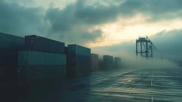 Stacks of cargo containers stand ready for shipping operations within a misty industrial port, with a large crane visible through atmospheric fog during morning twilight