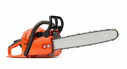 Modern orange chainsaw, a robust and efficient power tool for demanding wood cutting, forestry, and landscaping tasks, presented isolated on a clean white background