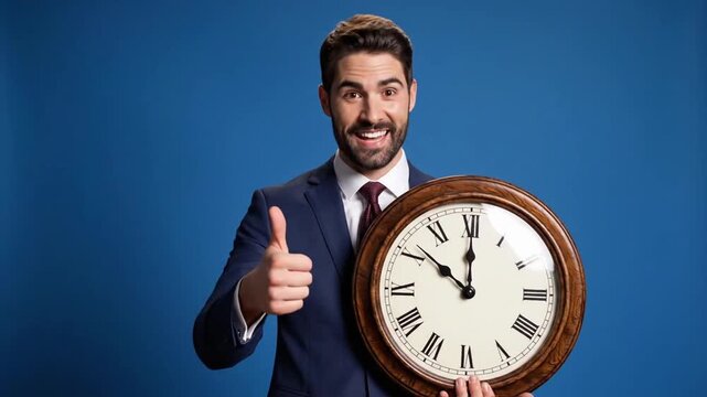 Man in suit holds large clock and smiles in front of blue background while showing time