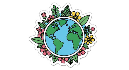 A pixelated earth surrounded by flowers and leaves in a circular frame.