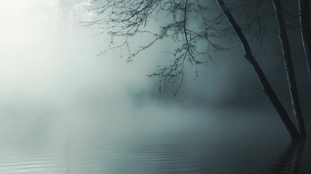 Fog draping a glassy lake as leafless trees rise from the water, their reflections blurred in the mist for a quiet, moody, mysterious natural landscape