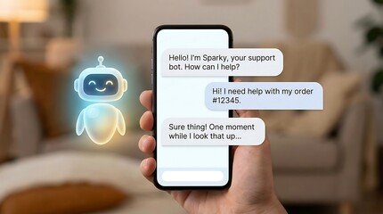 Customer service chatbot interaction on a smartphone screen with a glowing robot icon.