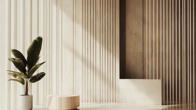 Modern minimalist interior with a potted tropical plant beside a round product podium and textured vertical slat wall, sunlit to cast elegant shadow patterns across the space