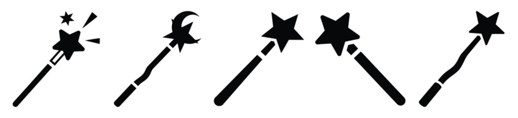 Collection of Happy Halloween witch magic wand silhouette icon set. Vector illustration on white background. © Pallobroy