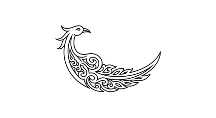 Fototapeta premium Decorative black and white illustration of a peacock head and neck with intricate traditional scroll and swirl patterns for cultural design.