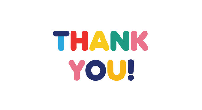 Playful and vibrant "THANK YOU!" text features a rounded bubble font in various colors like blue, red, yellow, green, and pink for gratitude messages.