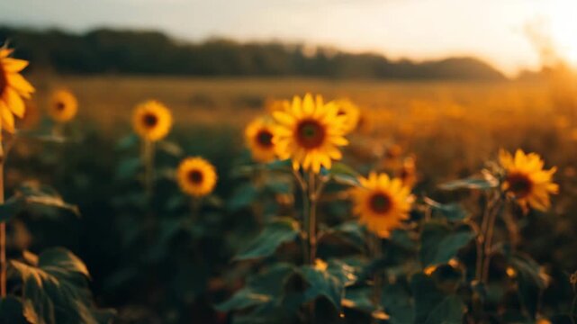 A sunflower blooming in midsummer sunlight with warm golden tones, individual flower facing the light against a field background, sharp and bright seasonal scene