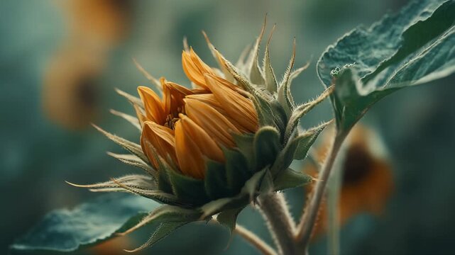 A sunflower bud opening into bloom under warm late summer sunlight, natural tones and shallow focus giving a cinematic natural feel