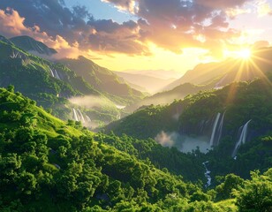 Obraz premium Golden Sunrise Over Vast Mountain Valley with Waterfalls and Mist