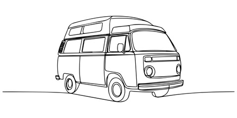 campervan retro vehicle for road trip or vacation and leisure transport continuous one line drawing, Classic retro minibus vector illustration, vintage camper van line art icon for travel and summer. © Gerish