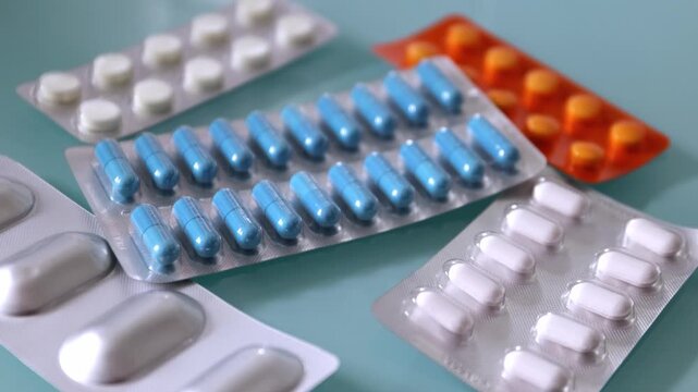 Closing in shot of multiple blister packs with tablets spread across a glass table. Medical scene representing medication use, pharmaceutical supply, and healthcare concepts.