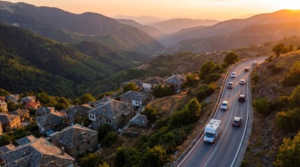 Aerial view of a winding mountain road with cars at sunset.