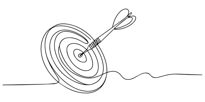 Target with arrow hitting center one continuous line drawing archery goal illustration, Continuous one line drawing of arrow in center of target. Single line art minimalist hand drawn vector illustrat