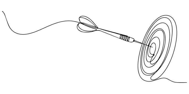Target with arrow hitting center one continuous line drawing archery goal illustration, Continuous one line drawing of arrow in center of target. Single line art minimalist hand drawn vector illustrat