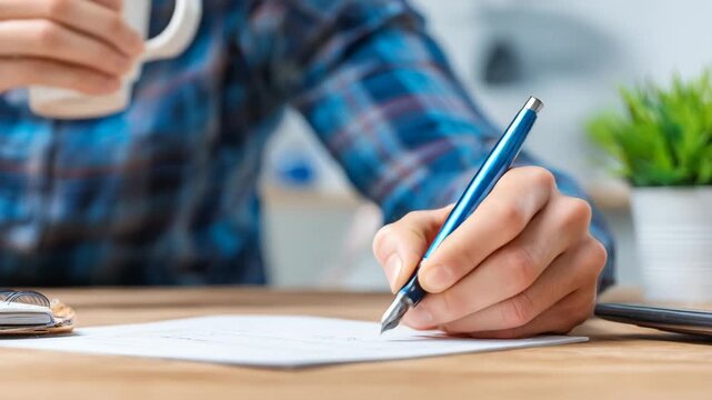 Medium shot capturing a respondent thoughtfully writing in an openended survey question emphasizing detailed feedback and qualitative data collection.