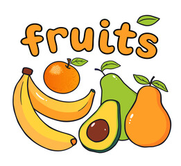 Set of fresh colorful fruits in doodle style. A banner illustration with orange, banana, pears, and avocado on white background. Vector.