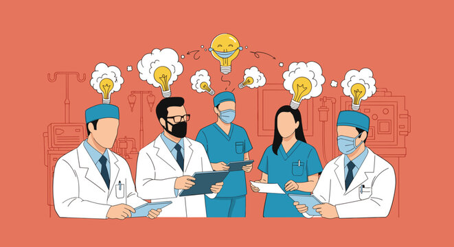 Diverse medical team of doctors and nurses brainstorming innovative ideas and solutions together in a hospital setting.
