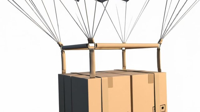 A white parachute attached to a brown cardboard box floating in the air isolated on white background