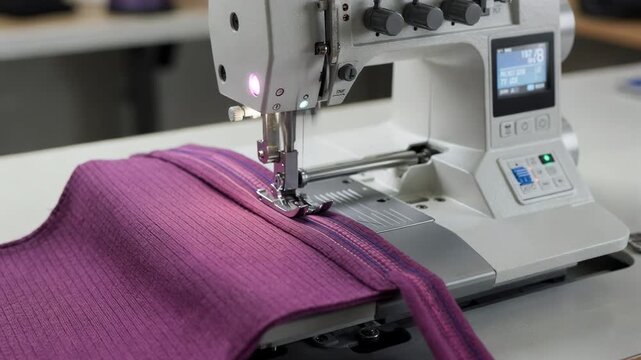 Medium view of a coverstitch machine using advanced sensors to maintain uniform stitch quality ensuring professional hemming on stretchy fabric.