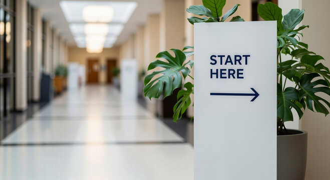 A sign pointing the way to Start Here at a Spring internship fair in a modern building.