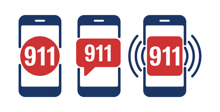 Emergency Call Icons, 911 Service Symbols Including Phone Speech Bubble And Mobile Phone Alerts Representing Urgent Situations In Line And Flat Vector Style For App And Web Design.