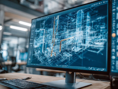Detailed architectural 3d modeling software displayed on computer screen used for advanced building design and engineering planning in a modern office setting