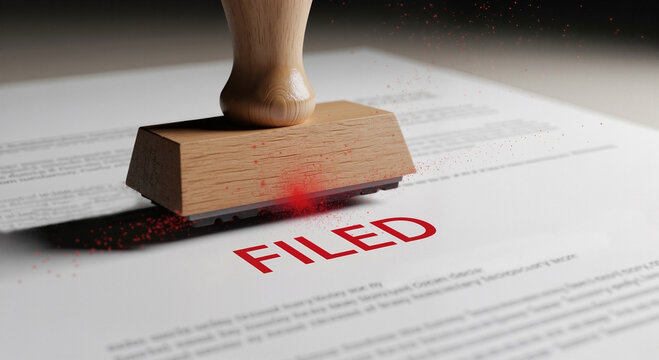 A wooden stamp presses a red Filed mark after Filling out a tax return , a symbolic image for completion and compliance.