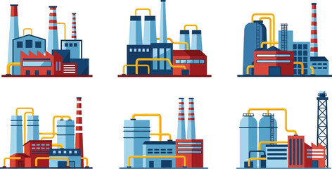 Obraz premium Six stylized illustrations depict various complex industrial manufacturing plants featuring smokestacks, pipelines, and storage tanks within a.