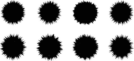 Silhouette spiky shapes set abstract black circle sunbursts isolated on white background