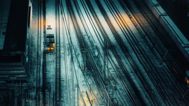 Multiple parallel railway tracks in an industrial area illuminated by orange and yellow lights at night, creating an abstract pattern for transportation and logistics