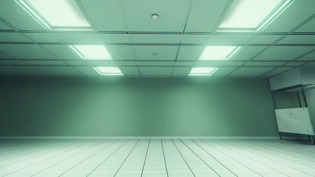 Empty clinical laboratory room with tiled floor and glowing grid ceiling, sterile modern interior evoking futuristic, liminal science and medical research environment for backgrounds
