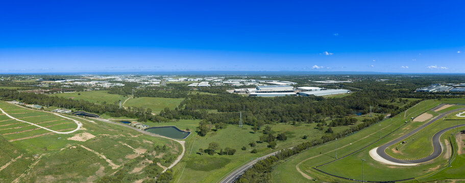 Drone aerial photograph of buildings in an industrial precinct in the suburb of Eastern Creek in greater Sydney in New South Wales, Australia.
