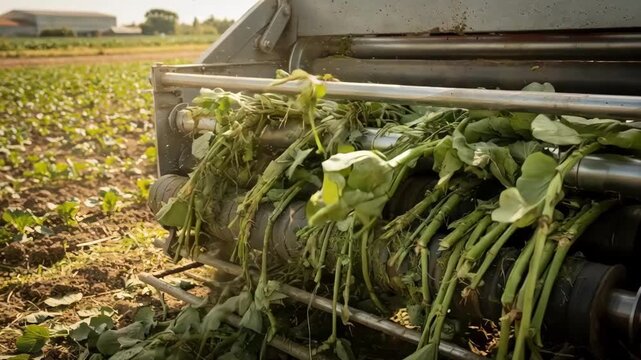 Medium shot of a machine gently separating plant stems from lamina at low speed ensuring delicate handling of crops during the threshing process in an agricultural setting.
