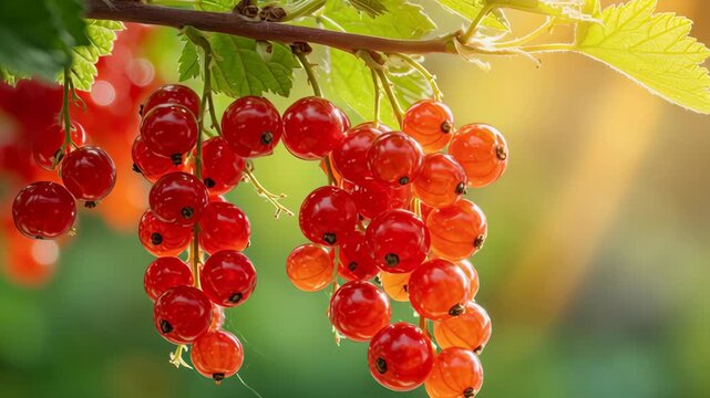 Red juicy currant growing on the green branch at sunny day close up. Fresh Red currant berries bunch on sunlight. Redcurrant ribes rubrum. Flora of Europe. Ripe organic fruit, healthy food harvest.