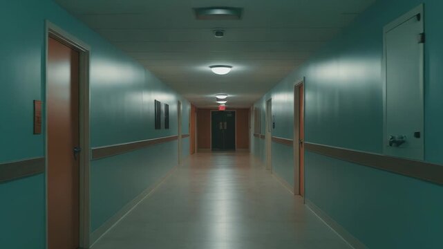 Empty long hospital hallway with teal painted walls and orange doors creating a liminal, eerie atmosphere and presenting a vanishing point into the distance