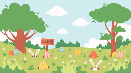 Naklejka premium Easter egg hunt poster with bunny, chick, hidden painted eggs. Easter event celebration in spring park. Holiday tradition game for children. Vector illustration in flat style