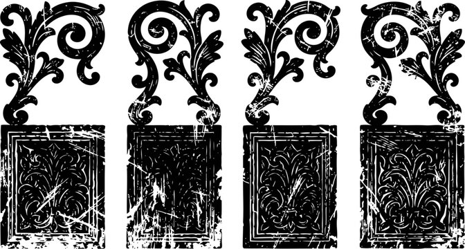 Vintage decorative floral ornaments in black with distressed square frames and swirling leaf patterns