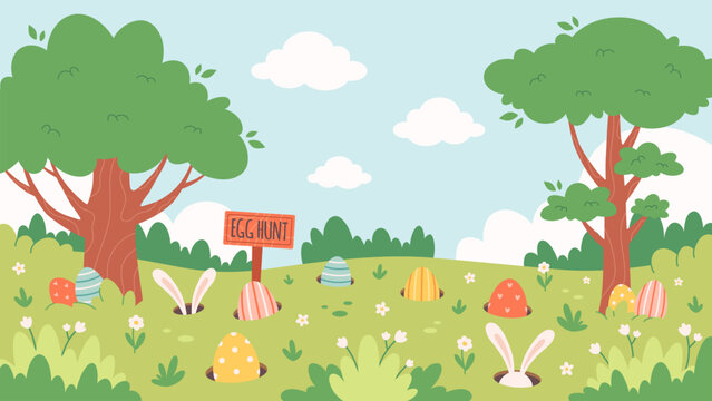Easter egg hunt poster with bunny, chick, hidden painted eggs. Easter event celebration in spring park. Holiday tradition game for children. Vector illustration in flat style