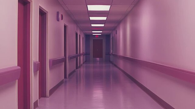 Long hospital corridor extending into the distance, featuring bright fluorescent lights, multiple doors, and handrails on both walls, all bathed in a vivid purple and pink glow