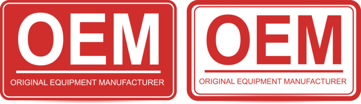 OEM Original Equipment Manufacturer red certification labels, industrial factory parts identification badges, automotive genuine supplier stamp