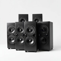 Obraz premium A group of black stereo sound speakers arranged in a cluster