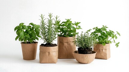 Fototapeta premium Fresh Aromatic Herbs in Eco-Friendly Pots on White Background.