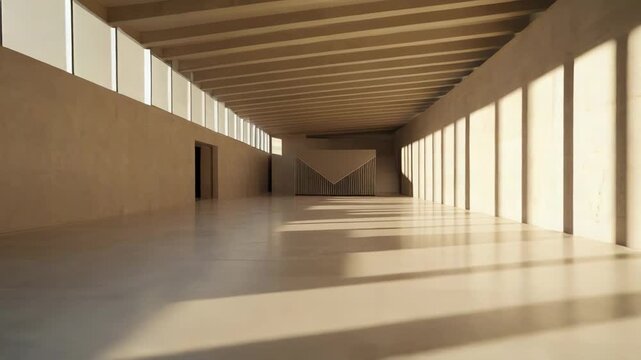 Long empty architectural hall showcasing minimalist design with concrete walls and floor, natural sunlight streaming through top windows, creating strong abstract shadows and a sense of vast space