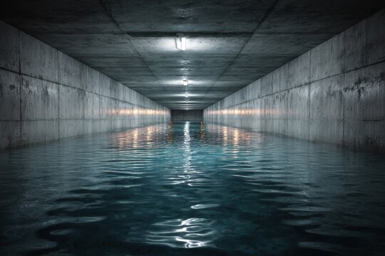 Flooded concrete tunnel with light reflections on the water surface in an underground structure