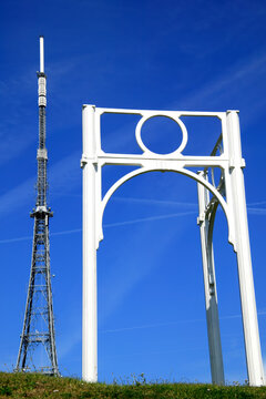 The Crystal Palace transmitting station in Bromley London England UK, with a replica of the Victorian cast iron frame work used in the original palace construction, travel stock photo image
