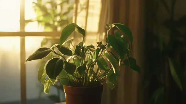 Green houseplant in a terra cotta pot thriving indoors, bathed in warm golden sunlight entering through a window with a sheer curtain, creating a peaceful home atmosphere