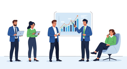 Obraz premium Business people discussing data on a graph in a meeting room.