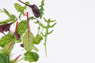 A top down view of fresh green and purple mixed baby salad leaves including spinach and arugula scattered on a plain white background with copy space