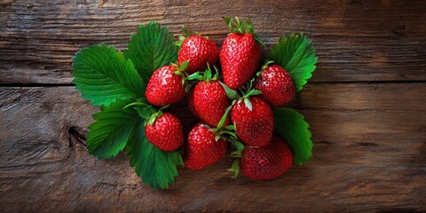 The Strawberries on Green Leaves Arranged on Rustic Wooden Table for Summer Snack