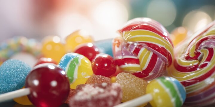 The Lollipops and Assorted Candies Piled on a Colorful Bokeh Background